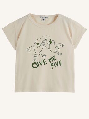 Kids Emile et Ida Cream Tee with Green 'Give Me Five' Graphic